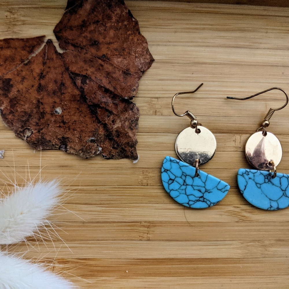 Boho Gold Plate Dangle Earrings with Teal Accent